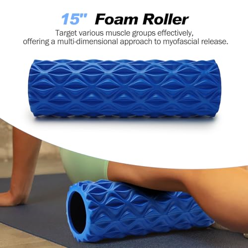JOYENERGY 5 in 1 Foam Roller Set Trigger Point Foam Roller, Massage Roller Stick, Massage Ball, Stretching Strap for Deep Muscle Massage Pilates Yoga, Fitness Exercise for Whole Body (Blue Diamond) - color: Blue Diamond