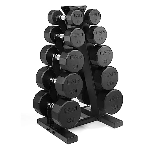 CAP Rubber Coated Dumbbell Weight Set with Vertical Rack | 100 lb, 150 lb, and 210 lb Options - size: 150 lb - Set, style: 12-Sided Chrome Handle