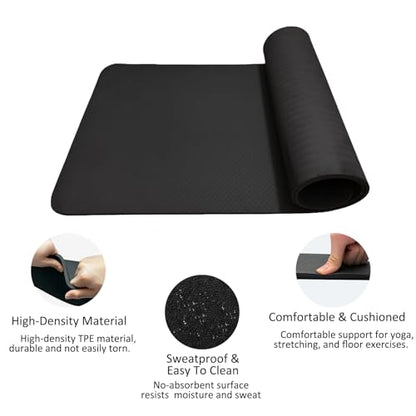 Thick TPE Yoga Mat for Beginners, Non-Slip Cushioned Yoga Mat with Carrying Strap for Pilates, Stretching and Home Workout