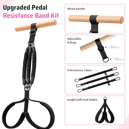 Pedal Resistance Band with Wood Handle for Arm, Leg & Core Workouts | 3-Tube 30/60/90 LB Resistance | Beech Wood Handle | Dual D-Ring | Fabric-Covered Tubes | Wide Foot Pedals | Carry Bag & Guide