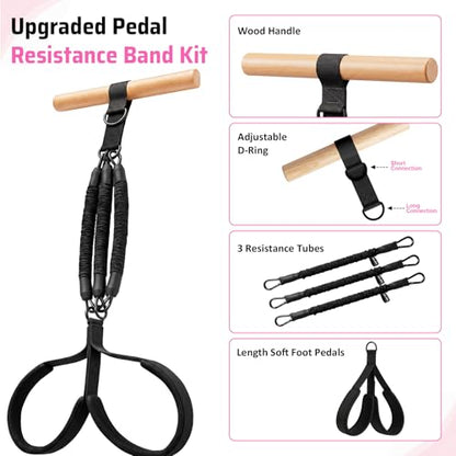 Pedal Resistance Band with Wood Handle for Arm, Leg & Core Workouts | 3-Tube 30/60/90 LB Resistance | Beech Wood Handle | Dual D-Ring | Fabric-Covered Tubes | Wide Foot Pedals | Carry Bag & Guide