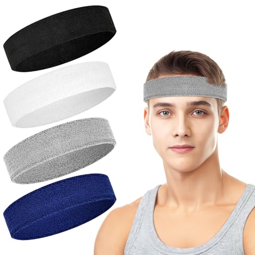 4 Pack Headbands for Men, Sweat Bands Headbands Men & Women, Cotton Terry Sweat Bands for Tennis, Basketball, Running, Gym, Working Out