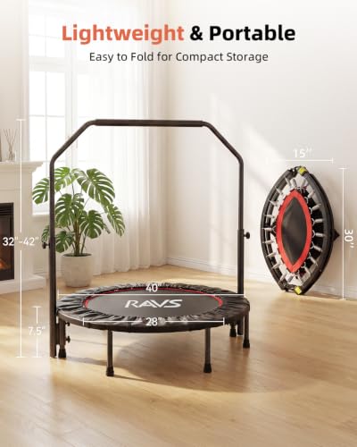 RAVS 40"/48" Foldable Mini Trampoline with Adjustable Handle for Adults - color: Black, size: 40 inch