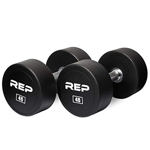 REP Fitness Urethane Coated Round Dumbbells, 5 to 100 lbs, Singles or Pairs, With or Without Rack, Steel Core, Rubber Encased, Chrome Handles, Professional Weights for Home Gym Strength Training - style: 45 lb Pair