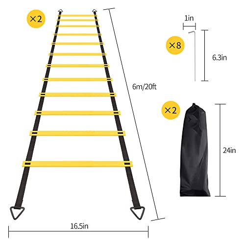 12 Rungs Agility Ladder Set, Training Ladder with Steel Stakes and Carry Bag for Soccer, Speed Fitness Feet Training - color: 2 Pack-Yellow