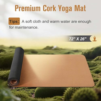Premium Cork Yoga Mat 1/4 & 2/5 Inch Thick 72 x 26 in, Thick Cork and TPE Non Slip Yoga Mats for Women Men, Sweat Proof Eco-friendly, Great for Hot Yoga & Workouts