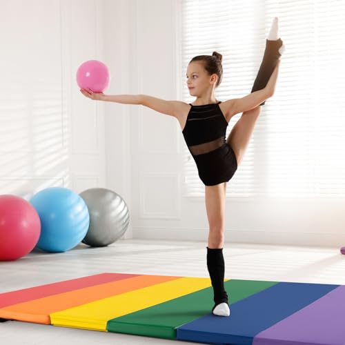 Goplus Gymnastics Mat, 6'x4' 3-Panel/6.6'x2.5' 5-Panel Folding Tumbling Mat w/Carrying Handles, Hook&Loop Fastener, Portable PU Leather Rainbow Exercise Mat for Home Gym Aerobics Yoga - color: 3-Panel,6 Color - Rainbow