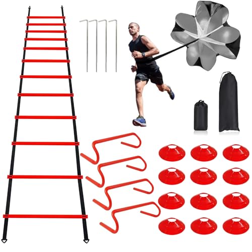 Professional Agility Ladder Speed Training Equipment Set-20ft Agility Ladder,12 Soccer Cones, 4 Agility Hurdles, Running Parachute, Suitable for Soccer Football Basketball Training