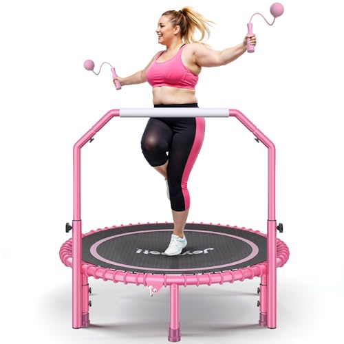 450 LBS Foldable Mini Trampoline for Adults with Adjustable Handle, 40" Indoor Rebounder with Quiet Bungee System, Compact Fitness Trampoline with Cordless Jump Ropes for Home Workout Exercise