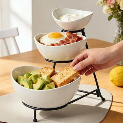 Gomakren 3 Tiered Serving Bowl Set, Chip and Dip Serving Set with Stand - color: Black Stand