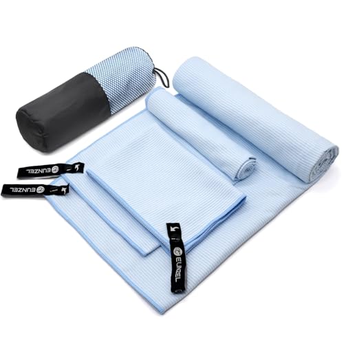Eunzel Quick Dry Camping Towel, Microfibre Ribbed Towel Travel Towel 3 Sizes 1 Pack Fast Drying Towel Set for Camping, Beach, Gym, Sports, Yoga & Swimming Pool, Blue