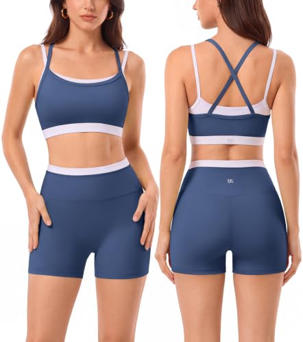 2 Pieces Workout Sets for Women,Seamless Athletic Short with Double Layer Sports Bra,Gym Matching Outfits - color: Blu021, size: Large