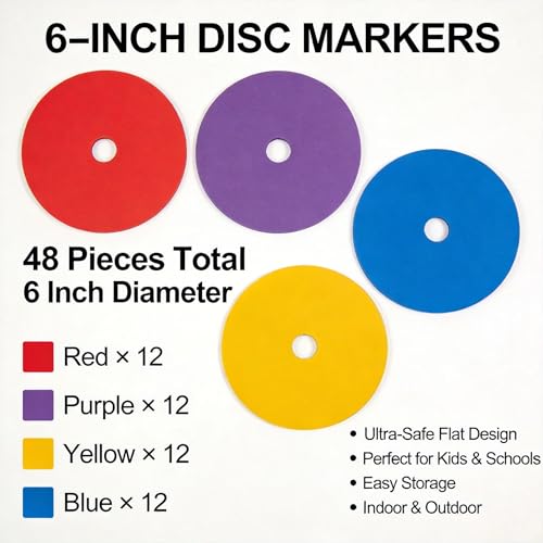 Japard Flat Cones, 48 Pcs 6 Inch Spot Markers, Flat Soccer Cones for Training, Field Court Markers, Soccer Disc, Practice Cones, Training Equipment, Agility Practice, Football