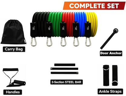Resistance Bands Set with Steel Bar - 5 Tube Bands, Door Anchor, Handles, Ankle Straps & Carry Bag, Full Body Home Gym Kit
