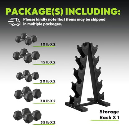 HANDBODE Hex Dumbbell Sets with Rack, 100-165 lb Rubber Encased Dumbbells for Strength Training, Exercise & Fitness, Home Gym Weight Set with Rack - style: 220 lb (10, 15, 20, 30, 35 lb) X 2 & Rack