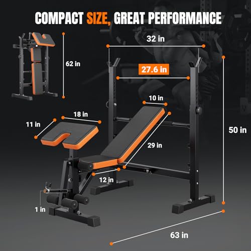YOLEO 6 in 1 Space Saving Weight Bench Set for Home Gym, Fast Folding & Adjustable Workout Bench, Bench Press Rack/Leg Extension/Preacher Curl/Sit up(1-Step Folding) (Black)
