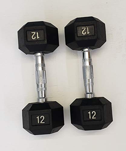 TDS 12 lb Rubber hex Dumbell with Chrome Plated Solid Contour Shape Steel Handle Sold AS A Pair (Pair)