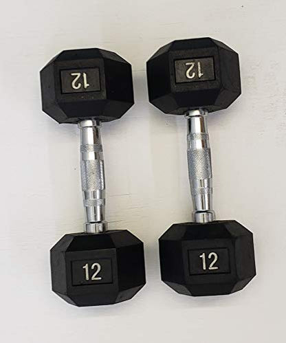 TDS 12 lb Rubber hex Dumbell with Chrome Plated Solid Contour Shape Steel Handle Sold AS A Pair (Pair)