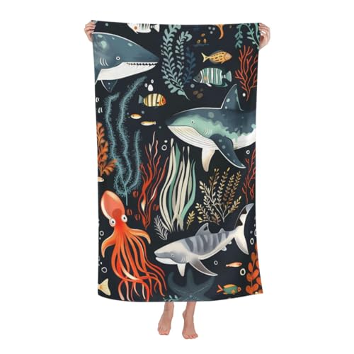 Colorful Ocean Beach Towel, 32x52in Microfiber Quick Dry Shark Fish Octopus Dark Bath Towels, Soft Lightweight Oversized Sand Free, for Travel Pool Swimming Gym Decor, Gifts - color: Ocean