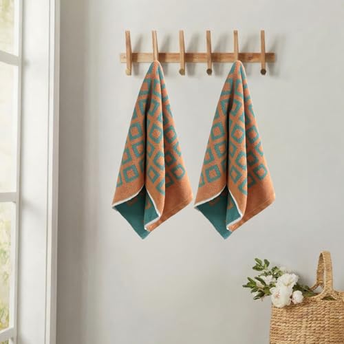 USTIDE 2-Pack Classic Checkered Hand Towels for Bathroom, Soft Absorbent Cotton Kitchen Towels with Green and Orange Pattern, Quick-Dry Gym & Travel Towels for Daily Use