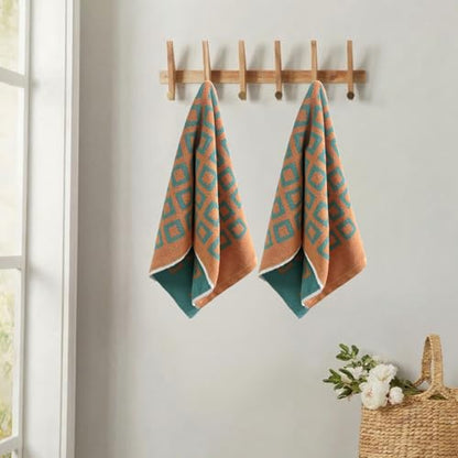 USTIDE 2-Pack Classic Checkered Hand Towels for Bathroom, Soft Absorbent Cotton Kitchen Towels with Green and Orange Pattern, Quick-Dry Gym & Travel Towels for Daily Use