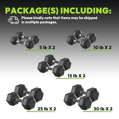 Hex Dumbbell Sets, 90-640 lb Rubber Encased Exercise & Fitness Dumbbells Set, Hand Weight for Strength Training, Weight Dumbbells - size: 170 lb Set (Pair of 5, 10, 15, 25, 30 lb)