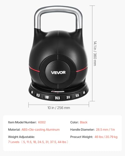 VEVOR Kettlebell, Adjustable Kettlebell with 7 Weight Levels, Die-Cast Aluminum and ABS Material, for Grip Strength Training, Full-body Workout & Cross-Training