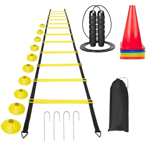 Agility, Coordination, Speed Drills, 19.7 Ft (6 Meters) 12 Rung Ladder Training Set, Soccer Training Equipment, Bag Carry & Cones 10 Soccer with, Agility, Speed