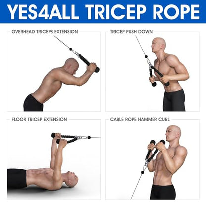Yes4All Deluxe Tricep Rope Cable Attachment, 27 & 36 inch with 4 Colors, Exercise Machine Attachments Pulley System Gym Pull Down Rope with Carabiner - color: A. 27" Black