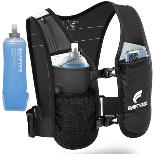 Running Phone Holder Vest with 500ml/17oz Water Bottle | Reflective Hydration Vest | Adjustable | Light | 6 Pockets for Running Accessories | Unisex - color: Black, size: Large - X Large