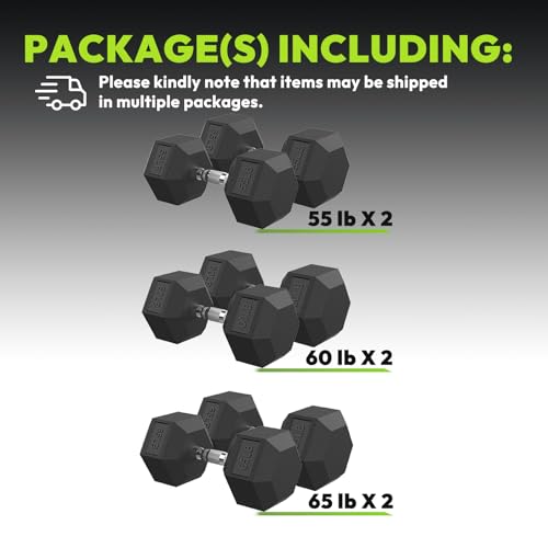HANDBODE Rubber Coated Hex Dumbbell Set, 90-640 lb - size: 360 lb Set (Pair of 55, 60, 65 lb)