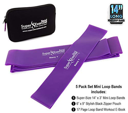 USA 14" x 3" Extra Long Latex Free Mini Loop Bands in 3, 5, 10 Pack Sets. 10 Strengths for Resistance Training, Stretching, Yoga, Toning. Plus an Exclusive iPhone App and E-Book. - color: r. Purple HEAVY+ Loop Band 5 Pack