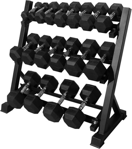 RitFit Rubber Coated Hex Dumbbell Set with Rack, 5-780LB for Home Gym Strength Training, Anti-Slip Knurled Handle, Hexagon Anti-Roll, Heavy-Duty Storage Rack - style: 450 LB Set（5-45LB)