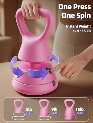 EAST MOUNT 15LB Adjustable Kettlebell Set – 3-in-1 (5/9/15 LB), Compact Adjustable Weights, Wide Triangle Handle and Wrist-Friendly Design for Home Gym, Full-Body Workouts and Strength Training - color: Pink