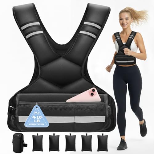 Adjustable Weighted Vest for Men and Women,4-10lb Variable Body Weight Vest for Home Workouts, Running, Rucking, HIIT & Strength Training, Removable Ironsand Weights, Reflective & Pockets - color: Black, size: 4-10 LB