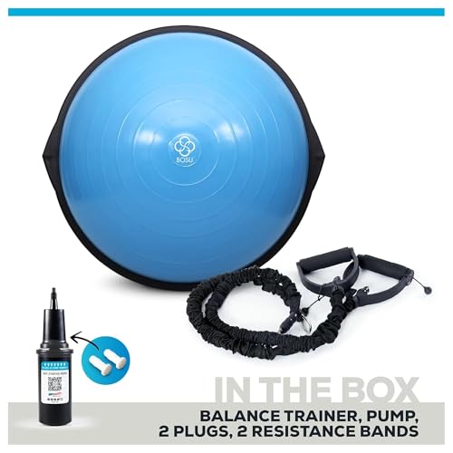 BOSU Pro Balance Trainer, Half-Ball Training Equipment, 300 lb Capacity, Stability Exercise Tool with Resistance Bands Non-Slip Base - color: Blue