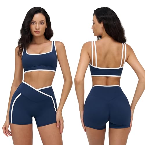 Matching Workout Sets for Women Color Block Gym Yoga Outfits Sports Bras Crossover Booty Shorts Pilates Active Wear - color: Blue, size: Medium