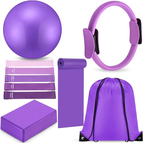 10 Pcs Pilates Ring Blocks Set for Women Home Yoga Equipment Accessories Pilates Ring Circle and Ball Workouts Gift Include Ball Yoga Circle Resistance Bands Block Straps Gym Bag - color: Purple