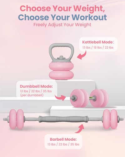 kisnbld Adjustable Dumbbell Set, 35/45/62LBS SoftShell Weight Set with Connector 4-IN-1 Dumbbell Set Used as to Barbell & Kettlebell for Home Gym, Fitness Exercise for Men Women Beginners - color: Pink-35 LB
