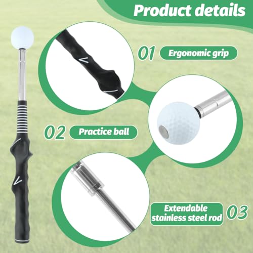 Retractable Golf Swing Trainer for Right-Handed Players, Tempo Stick with Click Feedback, 14.96–27.95 in, Includes Arm Band and Grip Trainer, Indoor Outdoor Warm-Up Practice, Black
