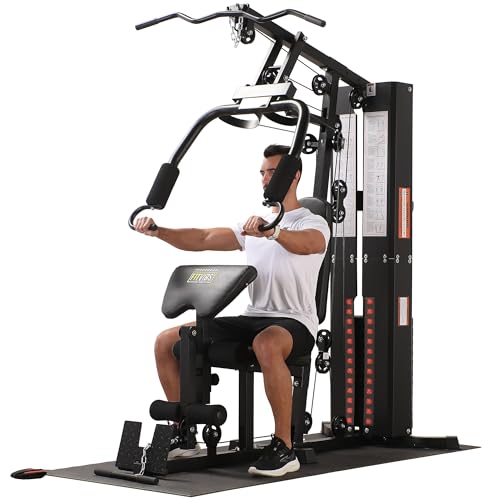 BalanceFrom Multifunctional Steel Frame Home Gym Machine with Floor Mat – Strength Training Workout Station with 160-Pound Weight Stack, LAT Pull & Low Row Bars, 4-Roll Leg Developer & Press
