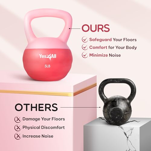 Yes4All Soft Kettlebell, PVC Strength Training Kettlebells for Women, Floor Protection & Quiet, Wide Handle, Aesthetic Soft Weights (5,10,15,20lb) for Home Gym, Fitness Beginners - color: 05lb - Pink