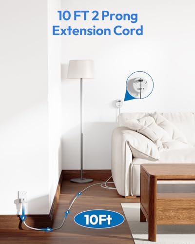 2 Prong Power Strip, NTONPOWER 10 FT Extension Cord, 2 Prong to 3 Prong Outlet Adapter, 180°Non-Polarized, 3 Outlets 4 USB (2 USB C), Wall Mount for Old House Non-Grounded Outlets,White - size: 10 ft
