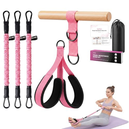 Pedal Resistance Band Kit, 90 LB Adjustable Exercise Bands | 90 LB adjustable tubes, wood handle, fabric-covered bands and wide foot pedals for arm, leg and core workouts