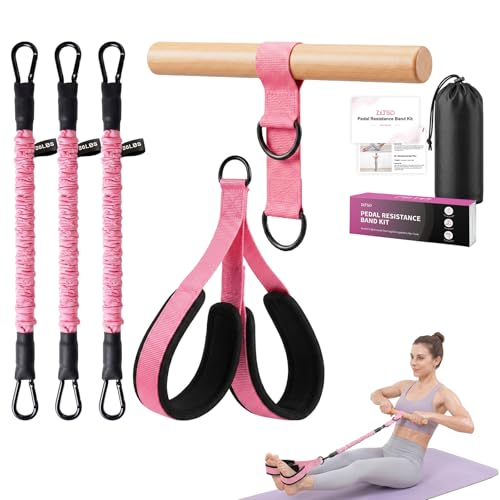 Pedal Resistance Band Kit, 90 LB Adjustable Exercise Bands | 90 LB adjustable tubes, wood handle, fabric-covered bands and wide foot pedals for arm, leg and core workouts
