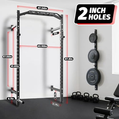 Garvee Wall Mounted Power Rack, 1600LB Commercial Squat Rack for Home Gym with Multi-Grip Pull Up Bar, j-Cups & Landmine Attachment for Home and Garage Gym