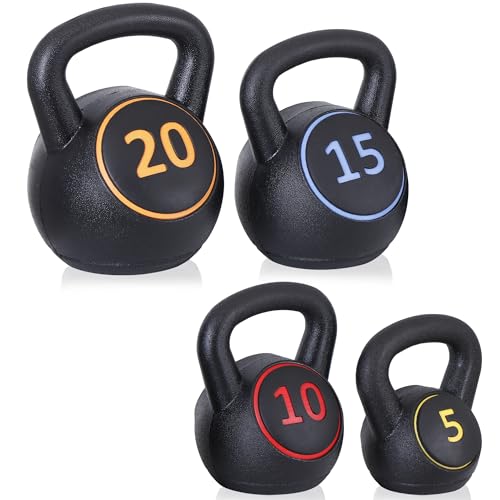 4-Piece Kettlebells Weights Set, Wide Grip Strength Training Soft Kettlebell, Exercise Fitness Concrete Weight, Full Body HIIT Workout, Weights for Women at Home 5 lbs 10 lbs 15 lbs and 20 lbs lb Dumbbells