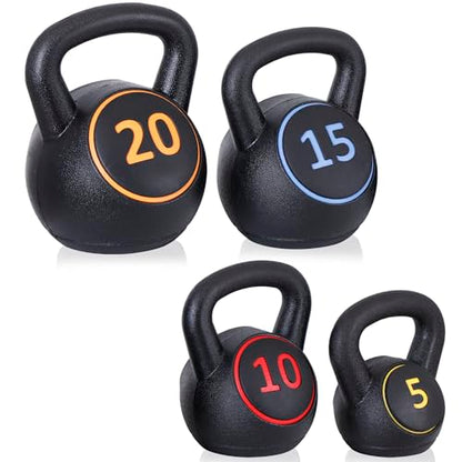 4-Piece Kettlebells Weights Set, Wide Grip Strength Training Soft Kettlebell, Exercise Fitness Concrete Weight, Full Body HIIT Workout, Weights for Women at Home 5 lbs 10 lbs 15 lbs and 20 lbs lb Dumbbells
