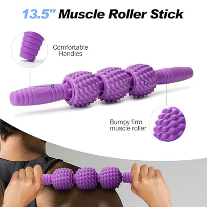 JOYENERGY 5 in 1 Foam Roller Set Trigger Point Foam Roller, Massage Roller Stick, Massage Ball, Stretching Strap for Deep Muscle Massage Pilates Yoga, Fitness Exercise for Whole Body (Purple Diamond)
