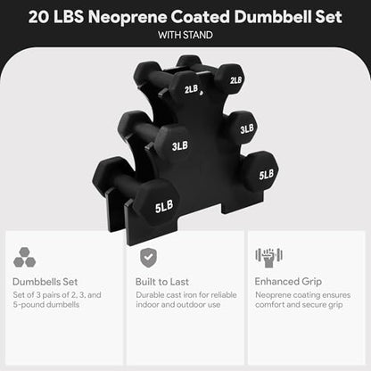 BalanceFrom Neoprene Coated Iron Dumbbell Hex Weights Set with Stand – Color-Coded or Black Options with Non-Slip Grip for Strength Training, Resistance Workouts, and Home Gym Fitness - style: 20lb Set